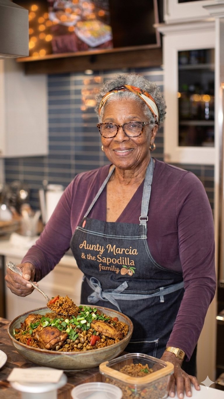 Aunty Marcia with a fresh bowl of pelau