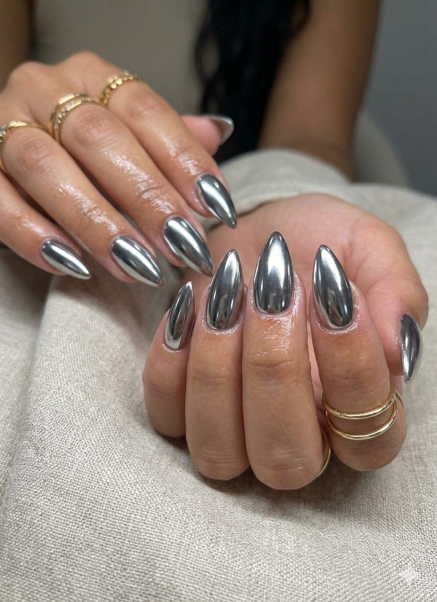 Silver chrome almond nails